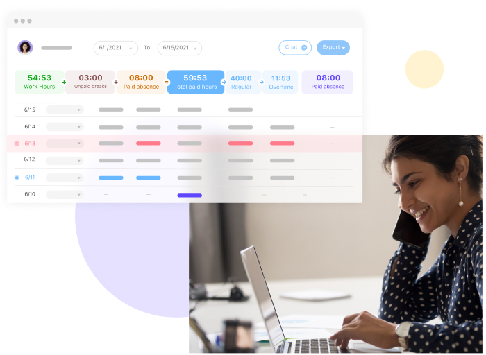 woman looking at her computer with a screenshot of Connecteam's time clock feature