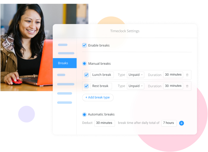 woman looking at her computer with screenshot of Connecteam's time clock breaks feature