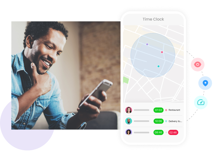 man looking at his phone with a screenshot of Connecteam's time clock feature
