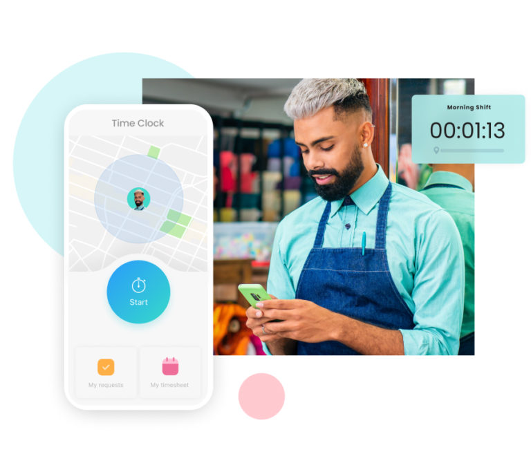 man looking at his phone with screenshots of Connecteam's time clock feature