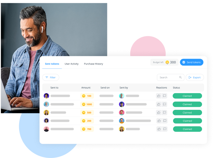 man looking at his phone with a screenshot of Connecteam's rewards management page
