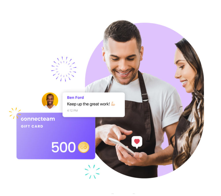 man and woman looking at a phone with screenshots of Connecteam's gift card feature