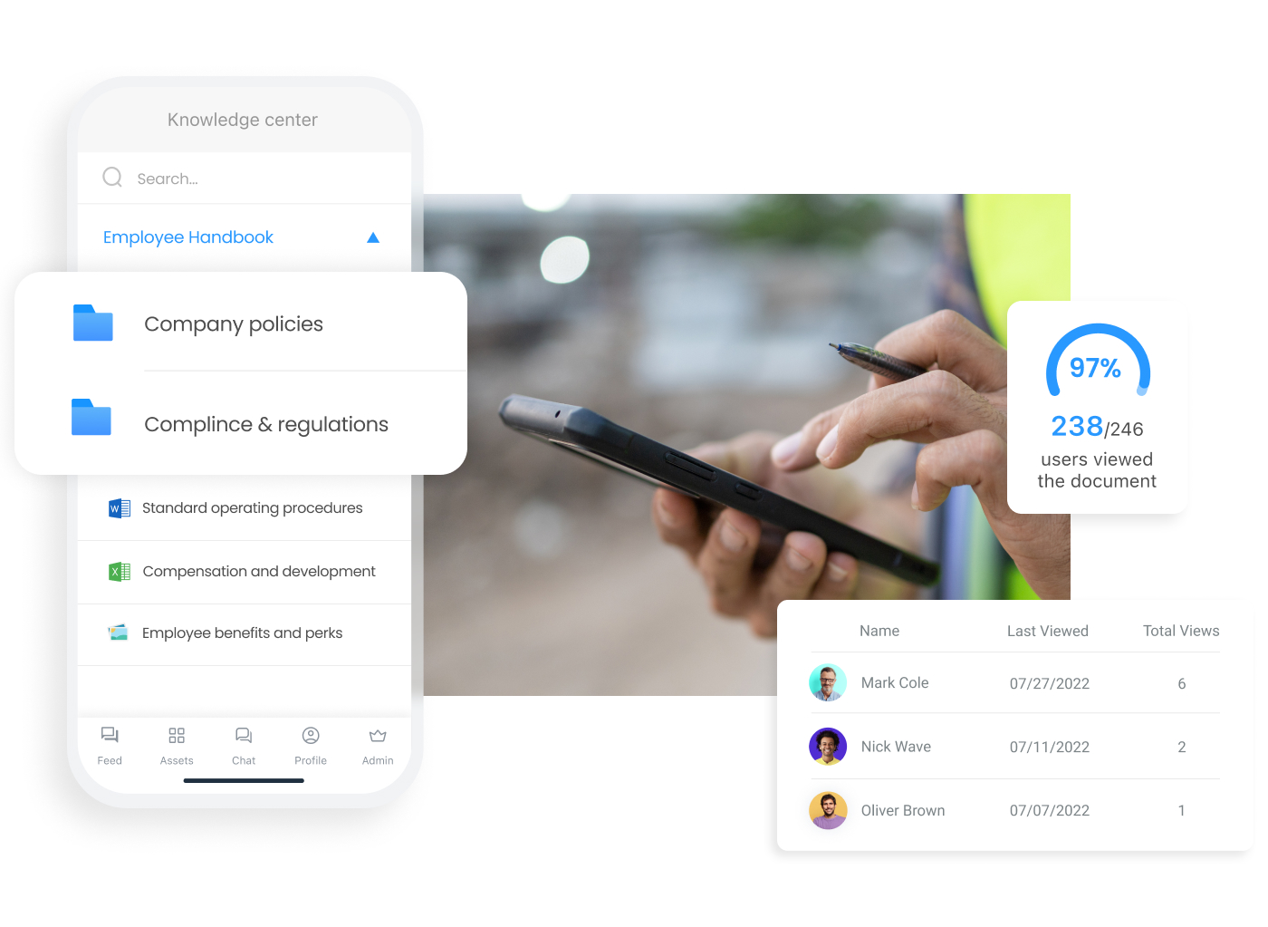 staff with a phone with a screenshot of Connecteam's knowledge center
