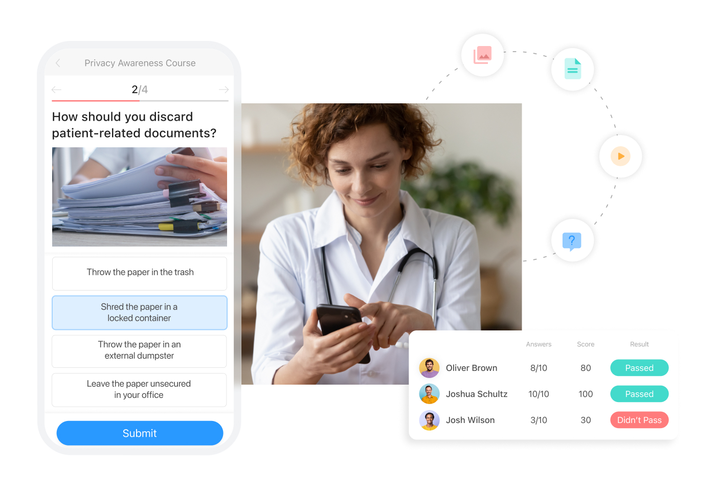 Women looking at her phone with a scrrenshot of Connecteam quiz feature