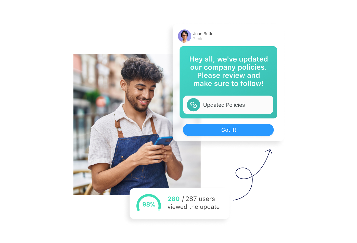 Man with his phone and a screenshot of compliance update on the Connecteam app