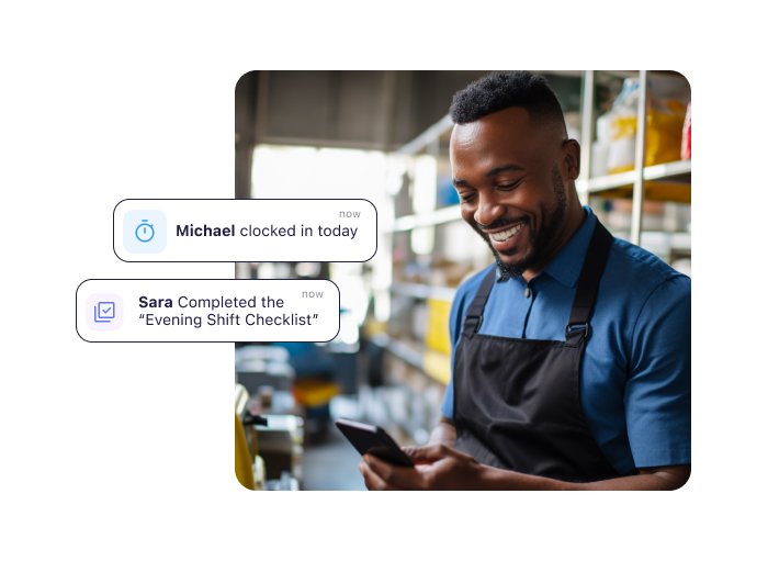 A man looking on his phone and an illustration showing Connecteam’s time clock interface
