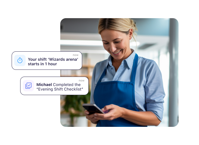 A woman looking on her phone and an illustration showing Connecteam’s interface