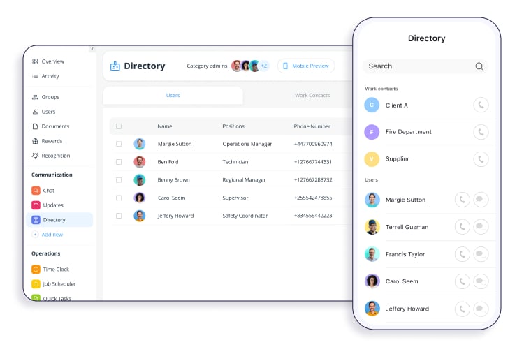 Connecteam's directory interface desktop and mobile