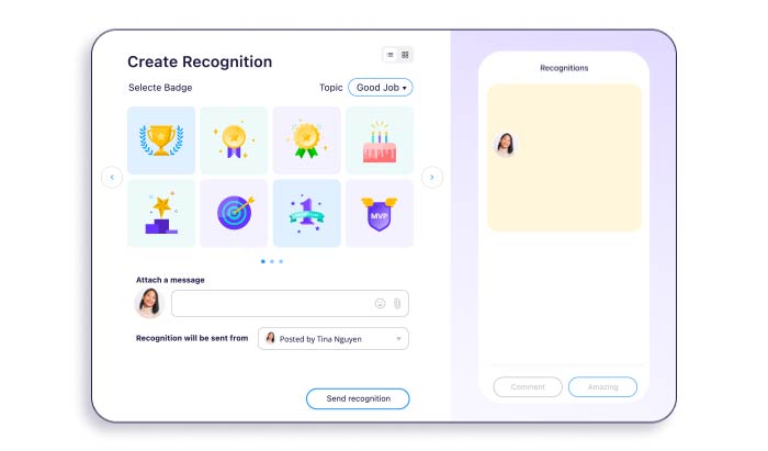 A view of optional badges when creating a Recognition