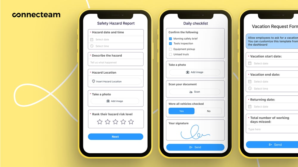 Safety hazard report, daily checklist and vacation request form in forms and checklists app