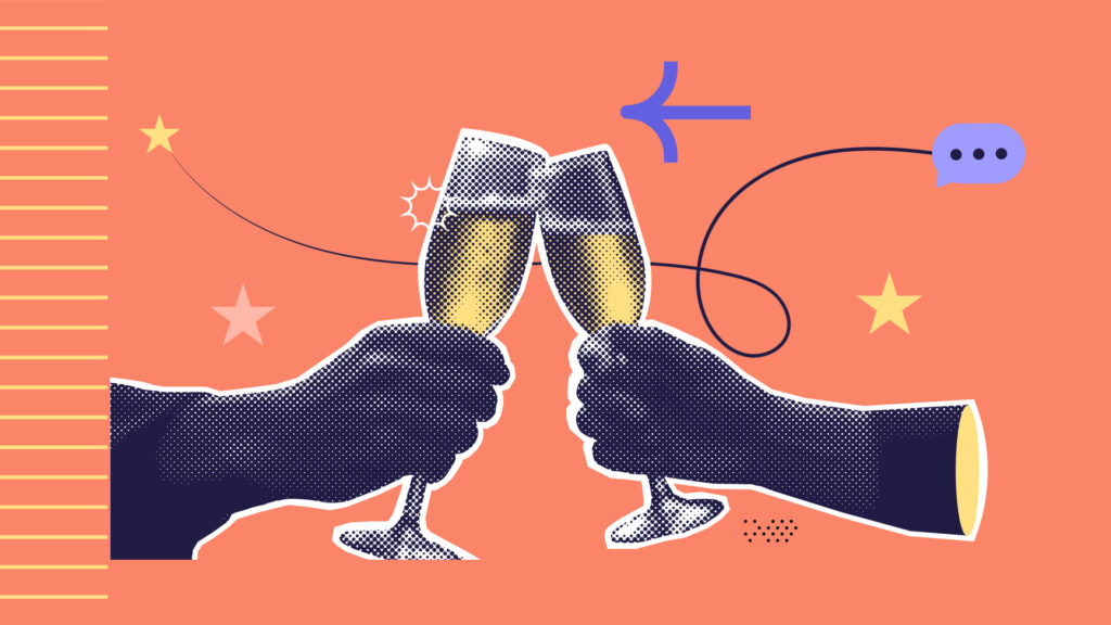 A collage of two hands holding champagne flutes
