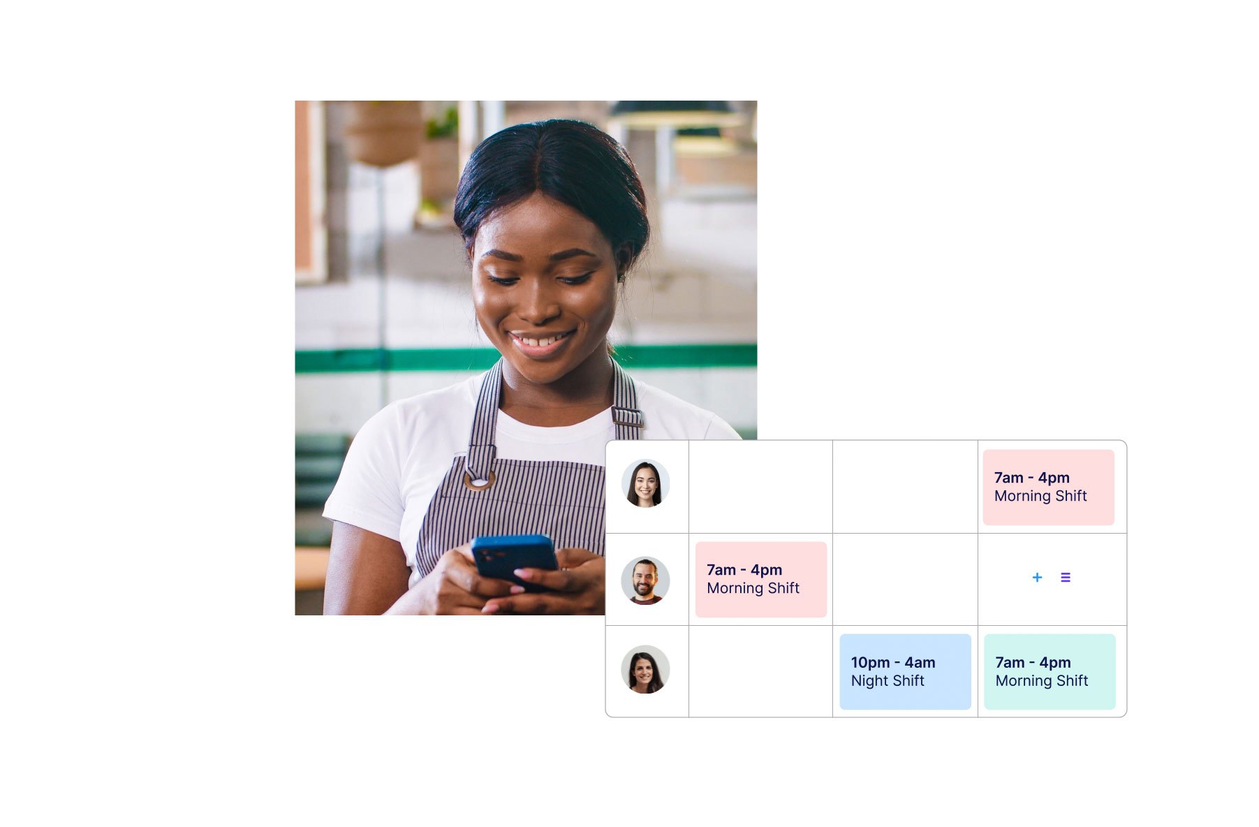 Woman looking at her phone with screenshots of the Connecteam scheduling feature