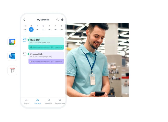 Man looking at his phone with screenshots of the Connecteam scheduling feature