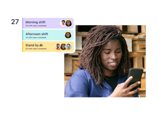 Woman looking at her phone with screenshots of the Connecteam scheduling feature