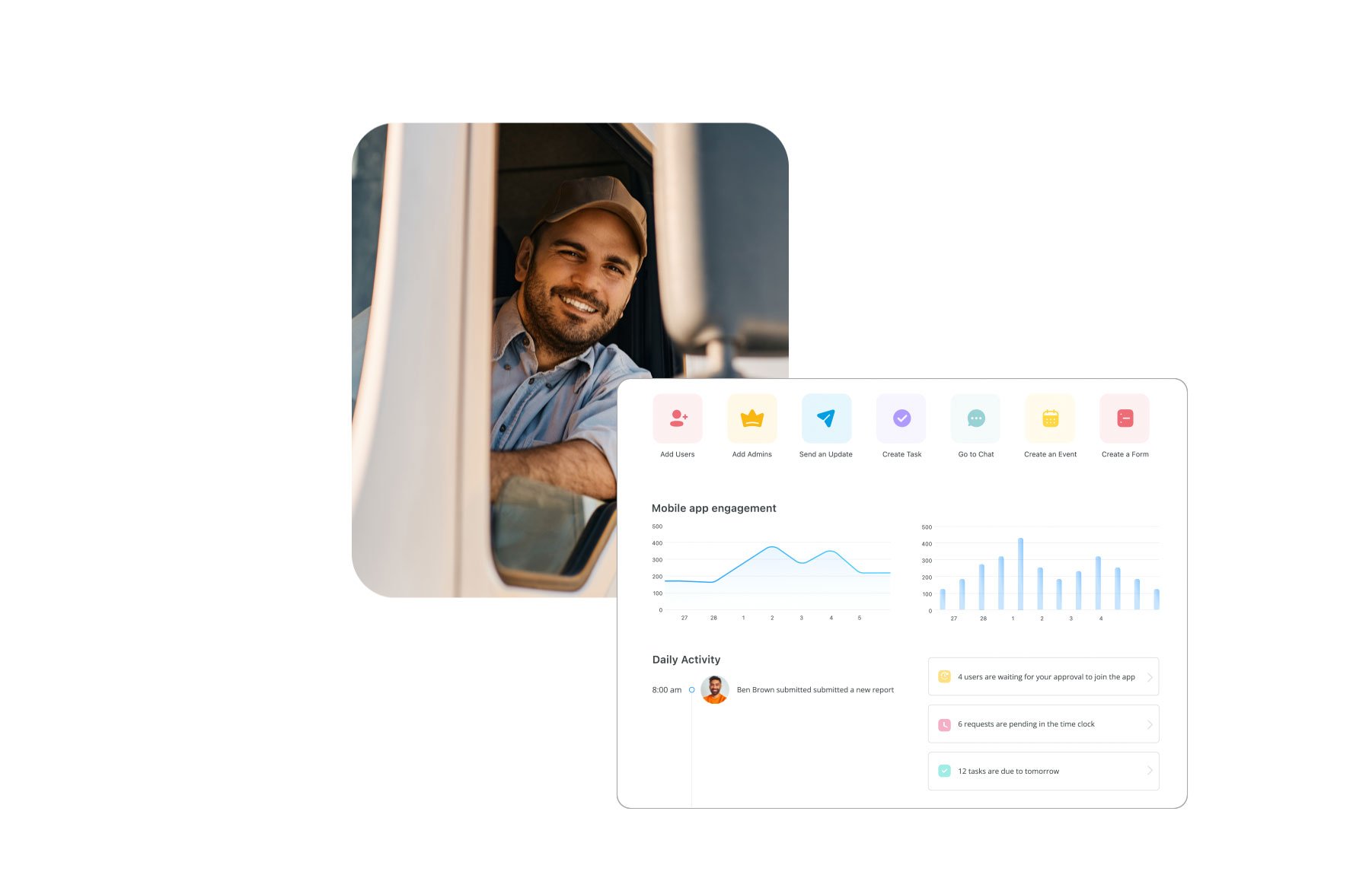 a worker in a truck smiling while 4 key features and activity chart are shown
