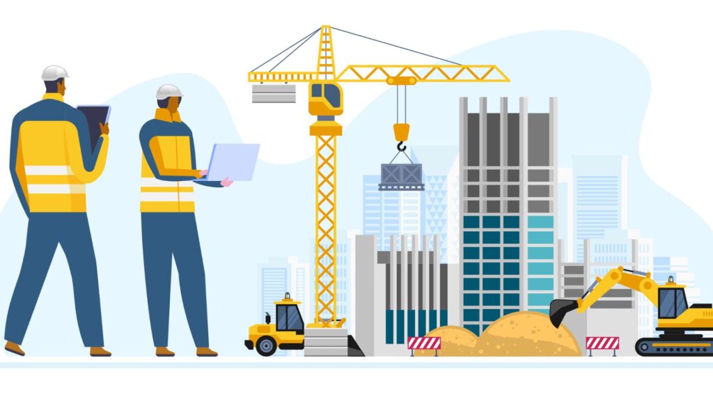 An illustration of engineers with a construction site in the background