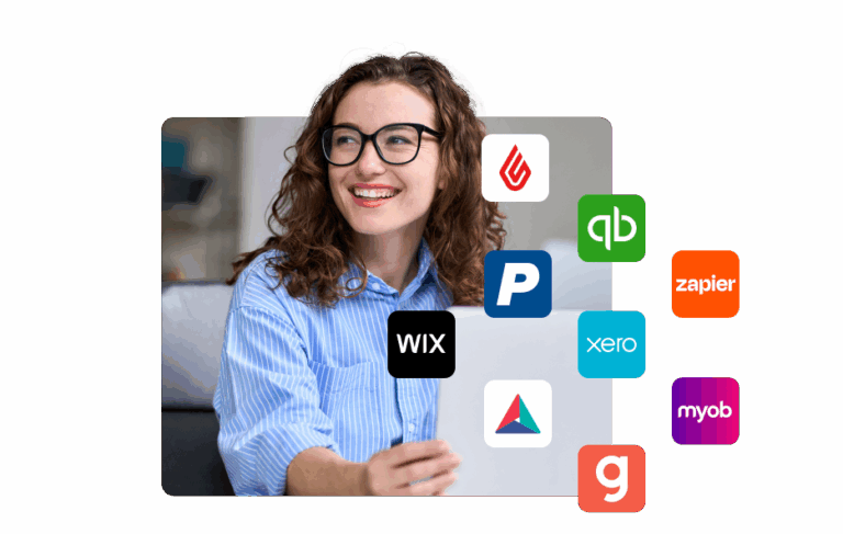 A woman smiling holding her computer and all of the integrations logo illustration arround her