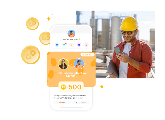man looking at his phone with a screenshot of an update regarding sent tokens from Connecteam app
