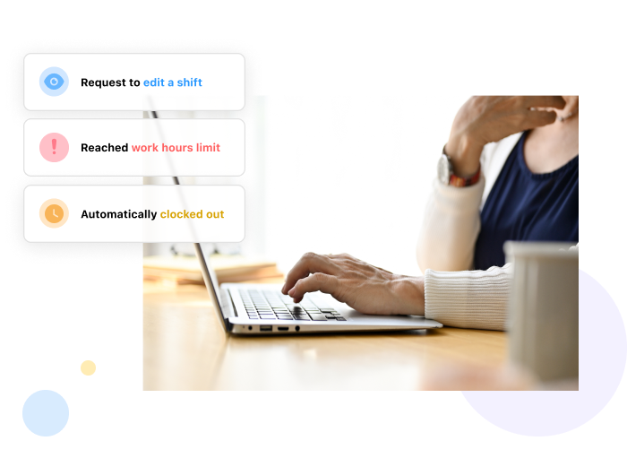 an hand pessing on a laptop keyboard with screenshots of Connecteam's time clock alerts