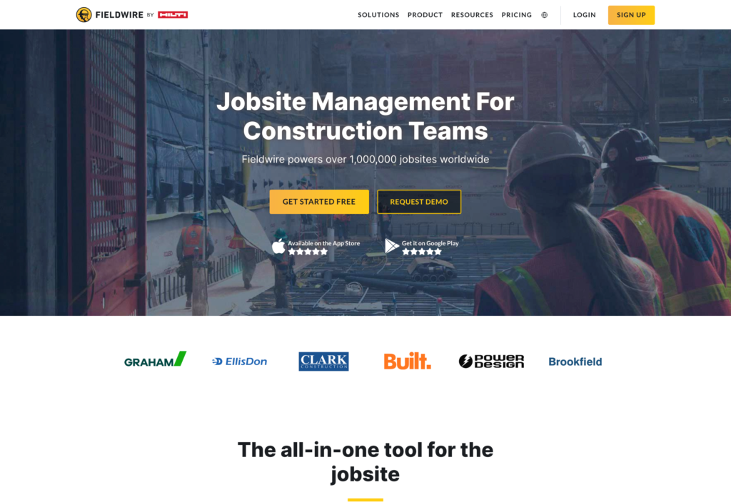 Screenshot of the Fieldwire webpage