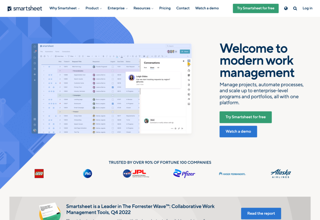 Screenshot of the Smartsheet webpage